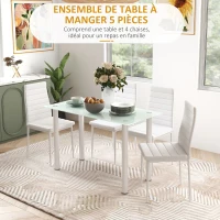 HOMCOM Ensemble de table à manger avec 4 chaises plateau en verre trempé, pieds en acier, pour cuisine salon blanc(m-4)