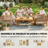 Outsunny Salon de Jardin Ensemble de Mobilier 4 Pièces en Bois d'Acacia Coussins Déhoussables et Corde Tressée Naturel(m-4)