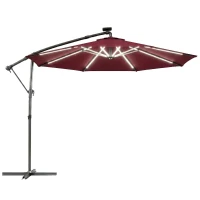 Outsunny 3 m Garden Cantilever Parasol with LED Solar Light, Round Overhanging Umbrella with 360° Rotation, Cover, Wine Red(m-1)