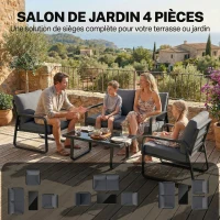 Outsunny Salon de Jardin 4 Pièces avec Coussins Déhoussables Très Épais 10cm Table Basse en Verre Trempé Noir(m-4)