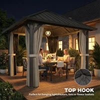 Outsunny 3 x 3(m) Hardtop Gazebo with Galvanised Steel Roof and Water Gutter, Waterproof Permanent Pavilion Garden Gazebo with Netting and Curtains for Patio, Deck, Black(m-8)