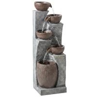 Outsunny Outdoor Fountain with 5-Tier, Garden Fountain with LED Lights, Adjustable Flow, Grey and Rustic Brown(m-1)