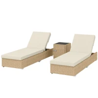 Outsunny Rattan Sun Loungers Set of 2 with Side Table, Garden Recliner Sunbeds with Adjustable Back, Cushions, Beige(m-11)