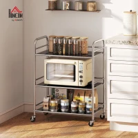 HOMCOM Cărucior multifuncțional cu 4 niveluri, cu raft central reglabil și margini înălțate, din oțel inoxidabil, 60x35x77 cm(m-8)