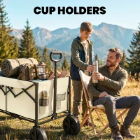 Outsunny 95L Foldable Festival Trolley on Wheels, Collapsible Wagon Cart with Adjustable Handle and 2 Cup Holders, Khaki(m-7)