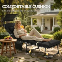 Outsunny Folding Sun Lounger with Canopy, Reclining Sunbed with Cushion, Side Pocket, Carrying Handle, Black(m-6)