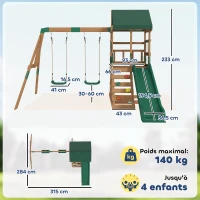 AIYAPLAY Aire de Jeux portique en Bois avec 2 balançoires et Toboggan, Mur d'Escalade et Terrasse Couverte, pour 3 à 8 Ans(m-3)