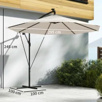 Outsunny 3 m Cantilever Parasol with Solar LED Lights Garden Umbrella with Cross Base, Cream White(m-3)