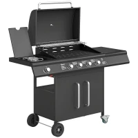 Outsunny 4+1 Burner Gas BBQ Grill with Storage Cabinet, 15.2 kW Gas Barbecue Trolley with Side Table, 4 Wheels, Warming Rack(m-1)