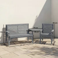 Outsunny Wooden Garden Furniture Set with Parasol Hole, 1 Chair, 1 Bench and Detachable Table, Grey Embossed Finish(m-3)