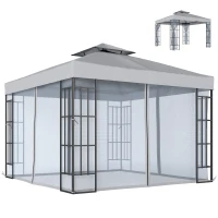 Outsunny 3 x 3(m) Patio Gazebo Canopy Garden Pavilion Tent Shelter with 2 Tier Roof and Mosquito Netting, Light Grey(m-1)