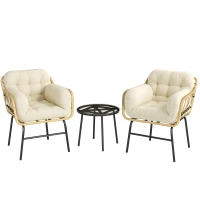 Outsunny Set mobilier exterior 3 piese din rășină împletită, masă din sticlă securizată, 2 fotolii cu perne, 62x73x79cm, Kaki(m-1)