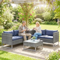 Outsunny 4 Piece Rattan Garden Furniture Set, Outdoor Corner Sofa Set with Storage Table, Loveseats, Cushions - Dark Blue(m-9)