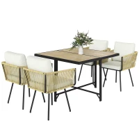 Outsunny 5 Piece Garden Furniture Set, Garden Dining Set with Wood-Plastic Table and 4 Armchairs, Beige(m-10)