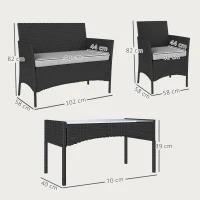 Outsunny 4 Piece Rattan Garden Furniture Sofa Set with Loveseat, Armchairs, Glass-Top Coffee Table and Cushions, Black(m-3)