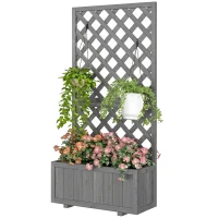 Outsunny Wood Planter with Trellis for Climbing Plants, Raised Bed, Planter Box with Drainage Holes to Grow Herbs Flowers, Grey(m-11)