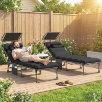 Outsunny Folding Sun Loungers Set of 2 with Canopy, Reclining Sunbed with Cushion, Side Pocket, Carrying Handle, Black(m-2)