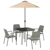 Outsunny 4 Seater Rattan Dining Set with Parasol, 6 Piece Garden Table and Stackable Chairs with Tempered Glass Tabletop(m-1)
