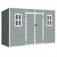 Outsunny 10 x 4 ft Resin Garden Shed, Outdoor Storage Shed with Floor, Windows, Lockable Doors and Vents, Grey(m-1)