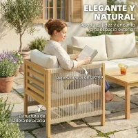 Outsunny Conjunto de Muebles de Jardín de 4 Piezas con Sofá 2 Plazas 2 Sillones Mesa de Madera Cojines y Cuerda PP Beige(m-5)