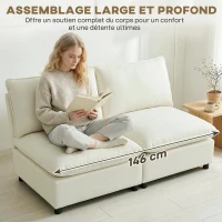 HOMCOM Canapé 2 places modulable, canapé de salon moderne 146 cm sans accoudoirs avec assise large, coussins épais, crème(m-5)