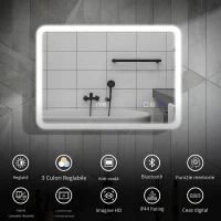 HOMCOM Oglindă de Baie cu Leduri 70x50 cm cu Bluetooth 3 Culori de Lumină Ceas Digital Funcție Anticeață Funcție de Memorie(m-8)