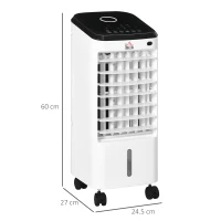 HOMCOM Răcitor Evaporativ 3-în-1, Ventilator, Umidificator cu Gheață și Dezumidificator, 3 Viteze, 3 Moduri și Telecomandă, Timer 12 Ore, 65W din ABS, 24.5x27x60 cm, Alb(m-3)