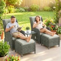 Outsunny 5 Piece Garden Furniture Set, Rattan Reclining Garden Chair Set of 2 with Footstool and Cushion for Balcony, Cream(m-9)