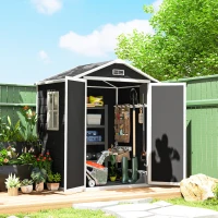 Outsunny 6'x4.5' Garden Storage Shed, Lockable Garden Shed with Double Doors, Window, Vent and Plastic Roof, Black(m-2)
