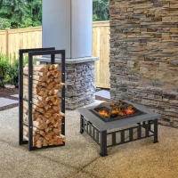 Outsunny Brasero Cheminée Grille à Charbon Couvercle Tisonnier Métal Noir + Etagère Porte Bois de Cheminée Porte-bûches Charge Max. 100 Kg Métal Noir(m-10)