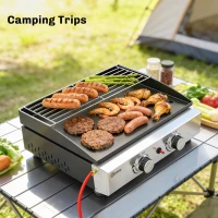 Outsunny 2 Burner Grill Griddle, Portable Gas Plancha with Warming Rack, 5 kW, Tabletop Gas BBQ with Grease Cup, Black(m-8)