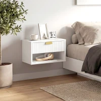 HOMCOM Set of 2 Wall Mounted Nightstands, Floating Bedside Tables with Fluted Drawer and Open Shelf for Small Bedroom, White(m-9)