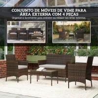 Outsunny Conjunto de Móveis de Jardim em Vime Sintético com Sofá Cadeirões e Mesa com Vidro Temperado e Almofadas Castanho e Cinzento(m-4)