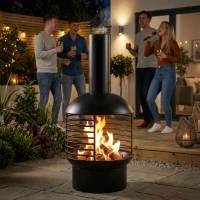 Outsunny Chimney Fire Pit, Portable Wood Burning Firepit with Poker, Charcoal Grid, Outdoor Fireplace for Garden Patio, Black(m-9)