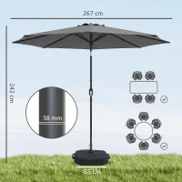 Outsunny 2.7 m Garden Parasol Umbrella with Cross Base and Sandbag, Retractable Ribs, Outdoor Table Market Umbrella, Light Grey(m-3)