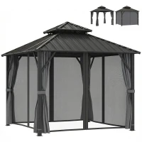Outsunny 3 x 3(m) Hardtop Gazebo Canopy with Metal Roof, Waterproof Permanent Pavilion Garden Gazebo with Netting, Curtains, Grey(m-11)