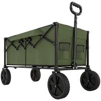 Outsunny 95L Foldable Festival Trolley on Wheels, Collapsible Wagon Cart with Adjustable Handle and 2 Cup Holders, Dark Green(m-1)