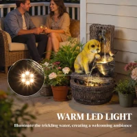 Outsunny Garden Water Feature with 3-Tier Rustic Puppy Design, Freestanding Resin with LED Lights, Adjustable Flow, Rustic Brown(m-5)