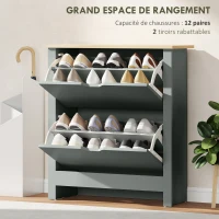 HOMCOM Meuble à chaussures 12 paires, armoire à chaussures étroite avec 2 tiroirs rabattables et étagères réglables, gris clair(m-4)