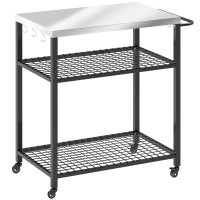Outsunny Outdoor Grill Cart with Stainless Steel Tabletop, 3-Tier Pizza Oven Stand with 2 Shelves, 6 Hooks, Wheels, Black(m-1)