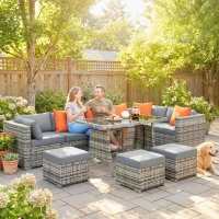 Outsunny 10 Piece Rattan Garden Furniture Set, 2 Corner Sofas with 4 Chairs, 4 Stools and Coffee Table, Outdoor Patio Furniture(m-2)