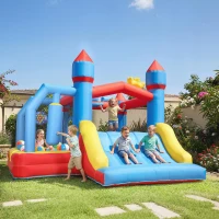 AIYAPLAY Castillo Hinchable para Niños con Soplador Tobogán Trampolín Piscina Pilar de Boxeo y Aro de Baloncesto 277x270x215 cm(m-2)