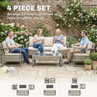 Outsunny 4 Piece Rattan Garden Furniture Set with 3-Seater Sofa, Armchairs, Table, Aluminium Frame Patio Conversation Set, Khaki(m-4)