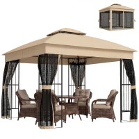 Outsunny 3 x 3 m Outdoor Garden Gazebo with Post Shelves, UPF50+ Double Roof Patio Permanent Pavilion, Brown(m-10)