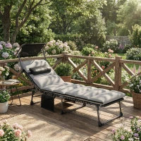 Outsunny Folding Sun Lounger with Canopy, Reclining Sunbed with Cushion, Side Pocket, Carrying Handle, Light Grey(m-2)