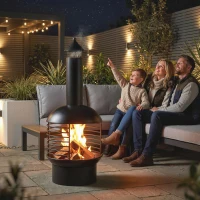 Outsunny Chimney Fire Pit, Portable Wood Burning Firepit with Poker, Charcoal Grid, Outdoor Fireplace for Garden Patio, Black(m-7)