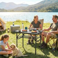 Outsunny 2ft Folding Camping Table, Picnic Table with Mesh Storage Layer, 4 Adjustable Heights and Carrying Handle, Black(m-2)