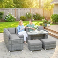 Outsunny 6 Seater Rattan Garden Furniture Set with 3 Sofas, 2 Footstools, Table, Patio Rattan Furniture Sofa Sets, Grey(m-9)