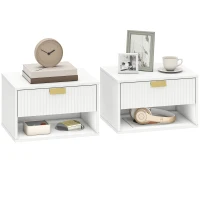 HOMCOM Set of 2 Wall Mounted Nightstands, Floating Bedside Tables with Fluted Drawer and Open Shelf for Small Bedroom, White(m-10)