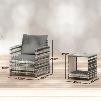 Outsunny Rattan Bistro Set, 3 Piece Garden Furniture Set with 2 Tier Glass Top Table and Cushions, Mixed Grey(m-3)